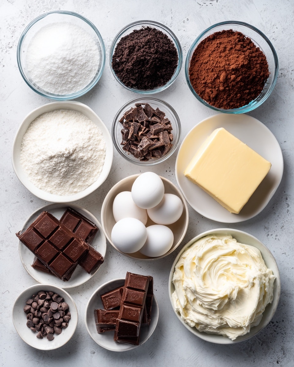 The image shows a white marbled surface with several clear glass bowls and a white plate arranged neatly, each filled with different baking ingredients. There are 13 items in total: a small bowl of white powdered sugar, a bowl of dark brown crushed Oreo crumbs, a bowl of fine white sugar, a bowl of dark brown cocoa powder, a bowl of small dark chocolate chips, a bowl of white sour cream, a bowl with dark chopped chocolate pieces, a bowl of melted yellow butter, a white plate holding a rectangular block of cream cheese, a measuring cup of heavy whipping cream, a small bowl with two white eggs, a bowl of small mini chocolate bars, and a tiny bowl with vanilla extract. Each ingredient is distinct in color and texture, arranged evenly and clearly labeled on the image. photo taken with an iphone --ar 4:5 --v 7