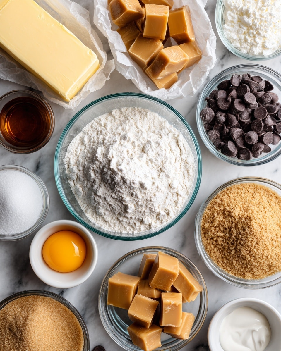 The image shows a white marbled surface with ten clear bowls and a stick of butter arranged on it, each containing different baking ingredients. In the top left is a stick of pale yellow butter in its wrapper. To its right in a small bowl is light brown sugar with a grainy texture. Next to that, stacked caramel squares with a smooth, shiny caramel color fill another bowl. Below on the left is a bowl of white sugar, slightly crystalline, and near it a small bowl of fine salt. In the center is a larger bowl of fluffy white all-purpose flour. To the right of the flour is a small bowl with a white egg. Below the flour, a dark brown mound of chocolate chips fills a bowl. Next to it are two tiny bowls holding white baking soda and cornstarch powders. Near the sugar bowl is a small container with a smooth vanilla extract liquid of warm amber color. Everything is neatly arranged evenly spaced on the white marbled surface. photo taken with an iphone --ar 4:5 --v 7
