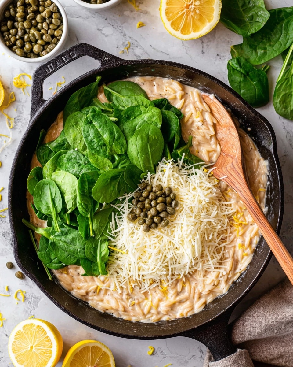 A black cast iron skillet filled with a thick, creamy light brown orzo dish as the base layer, with small flecks of yellow lemon zest scattered around. On top, a pile of fresh bright green spinach leaves forms the second layer, slightly piled in the center. Resting on the spinach, there is a third layer of finely shredded white cheese, soft in texture. A small heap of round, dark green capers sits on the cheese. A wooden spoon rests on the right side, touching the orzo. Around the skillet, the white marbled surface holds two lemon halves with bright yellow interiors, a small white bowl of capers, and more fresh spinach leaves. Photo taken with an iphone --ar 4:5 --v 7