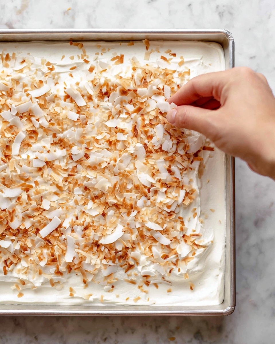 A close-up view of a rectangular metal tray filled with a smooth, thick white creamy layer topped with evenly spread toasted coconut flakes that have a light golden-brown color. A woman's hand is shown sprinkling more toasted coconut flakes onto the top right side of the tray. The tray is placed on a white marbled surface, and the texture of the creamy layer underneath the flakes appears soft and slightly fluffy. Photo taken with an iphone --ar 4:5 --v 7