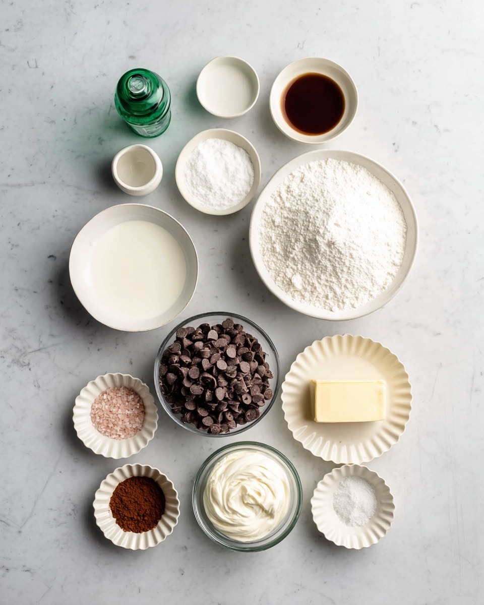 The image shows two rectangular cakes in white pans placed on a white marbled surface. The first cake on the left has one layer of dark brown chocolate cake with a smooth, slightly textured surface. The second cake on the right has two layers: the bottom layer is the same dark brown chocolate cake, and the top layer is a thick spread of bright green frosting with a creamy, slightly uneven texture that covers the entire cake evenly. Photo taken with an iphone --ar 4:5 --v 7