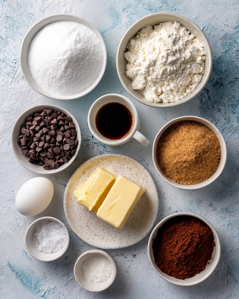 The image shows a neat arrangement of cooking ingredients on a white marbled surface with a light blue tile pattern. There are ten bowls and plates, each holding a different baking ingredient. At the top left is a white bowl filled with white powdered sugar, while next to it on the top right sits a white bowl with white flour. Below the flour bowl is a white bowl with light brown brown sugar, slightly crumbly in texture. To the left of the brown sugar is a small white bowl filled with dark chocolate chips. Below the chocolate chips is a small white cup containing dark vanilla liquid. Centered at the bottom is a speckled white plate holding a stick of light yellow butter with a small butter piece beside it. To the left bottom is a white egg positioned near two small white bowls; the left one has white baking soda powder, and the right one contains white salt. On the bottom right is a white bowl filled with rich dark brown cocoa powder. All items are labeled clearly with bold black text on white rectangles. photo taken with an iphone --ar 4:5 --v 7