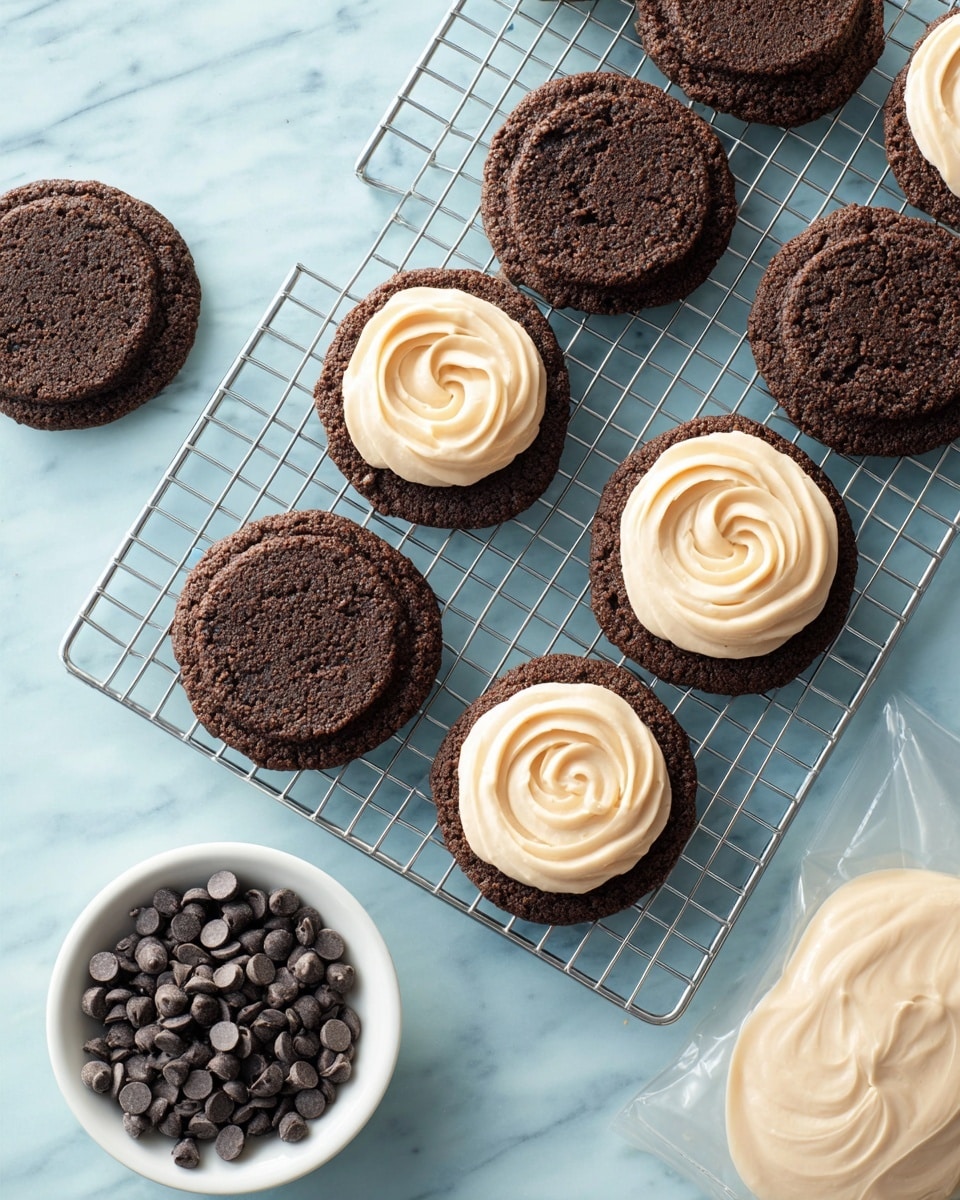 The image shows seven chocolate cookies arranged on a grid cooling rack, with four of them topped with a smooth, pale cream frosting swirled in a circular pattern on one side of the image. The cookies are dark brown and have a rough texture, while the frosting is light beige and creamy in texture. At the bottom left, there is a white bowl filled with small dark chocolate chips, and to the right of the bowl, there is a clear pastry bag filled with the same pale cream frosting, resting on a smooth pale blue surface. The background is a white marbled texture. photo taken with an iphone --ar 4:5 --v 7