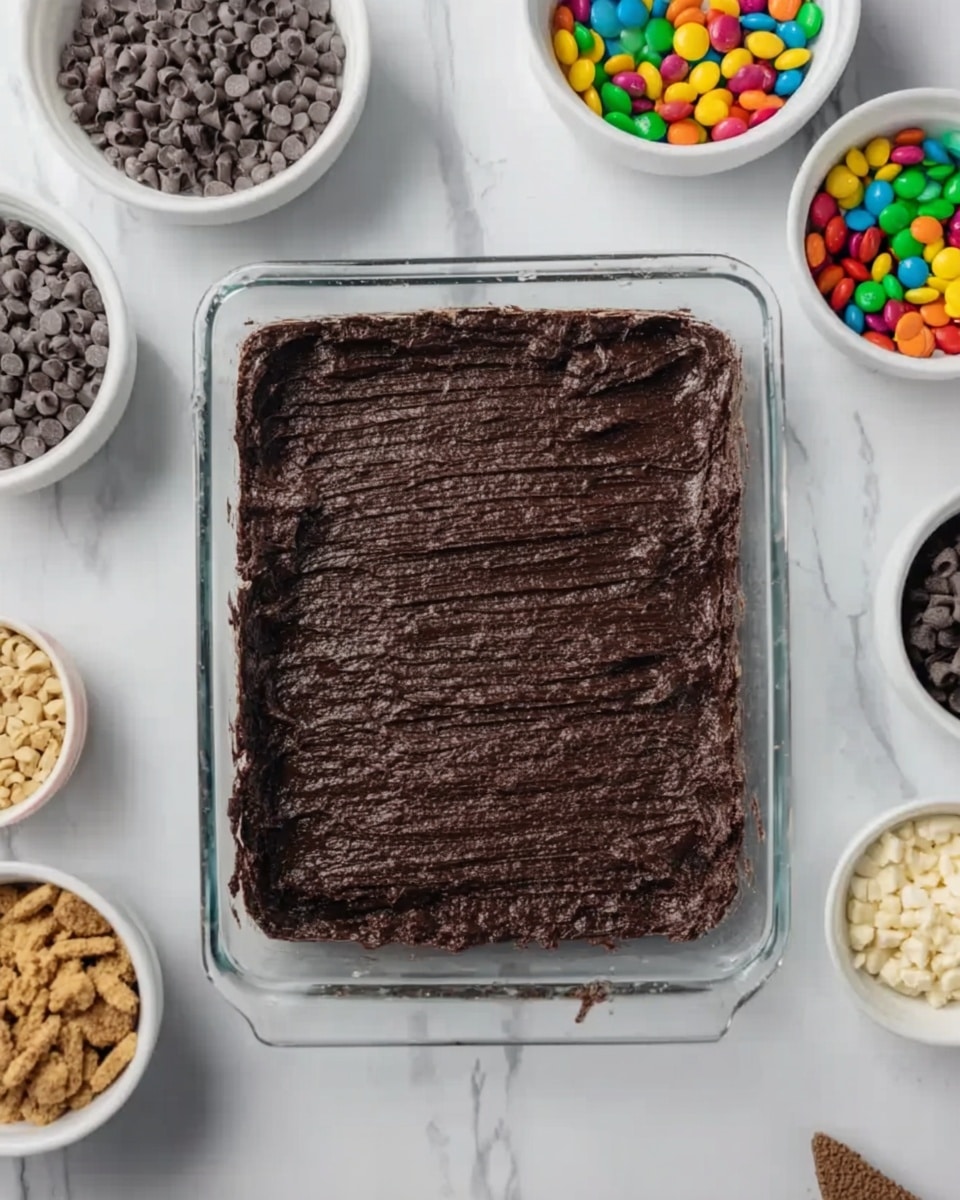 The image shows a rectangular white baking dish filled with a thick bar dessert that has two distinct halves of toppings. The base layer is golden brown, with a texture that looks soft and slightly crumbly. The left half of the dessert is topped with light brown peanut butter chips, while the right half is covered with dark chocolate chips. Scattered across the entire top are bright, colorful candy-coated chocolates in red, blue, green, yellow, and orange, adding pops of vivid color. The dish rests on a white marbled surface. Photo taken with an iphone --ar 4:5 --v 7