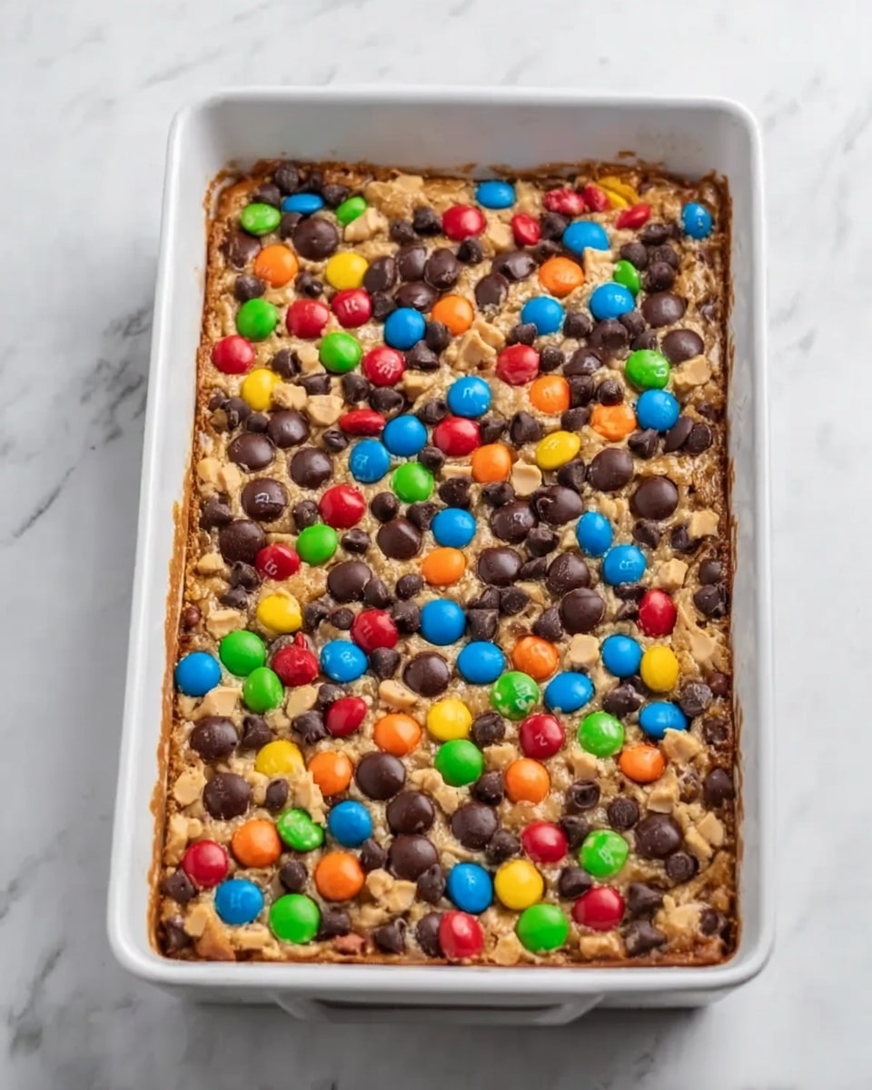 The image shows a clear glass rectangular dish placed on a white marbled surface. Inside the dish is a dark brown brownie batter spread evenly, with a slightly rough texture and a few visible grooves from spreading. Around the dish are small white bowls filled with colorful candy-coated chocolates, small chocolate chips, crushed cookies, and chopped white nuts, arranged neatly but not touching the dish. A woman's hand is partially visible near the bowls. The overall scene is bright and clean, focusing on the preparation stage before baking. photo taken with an iphone --ar 4:5 --v 7