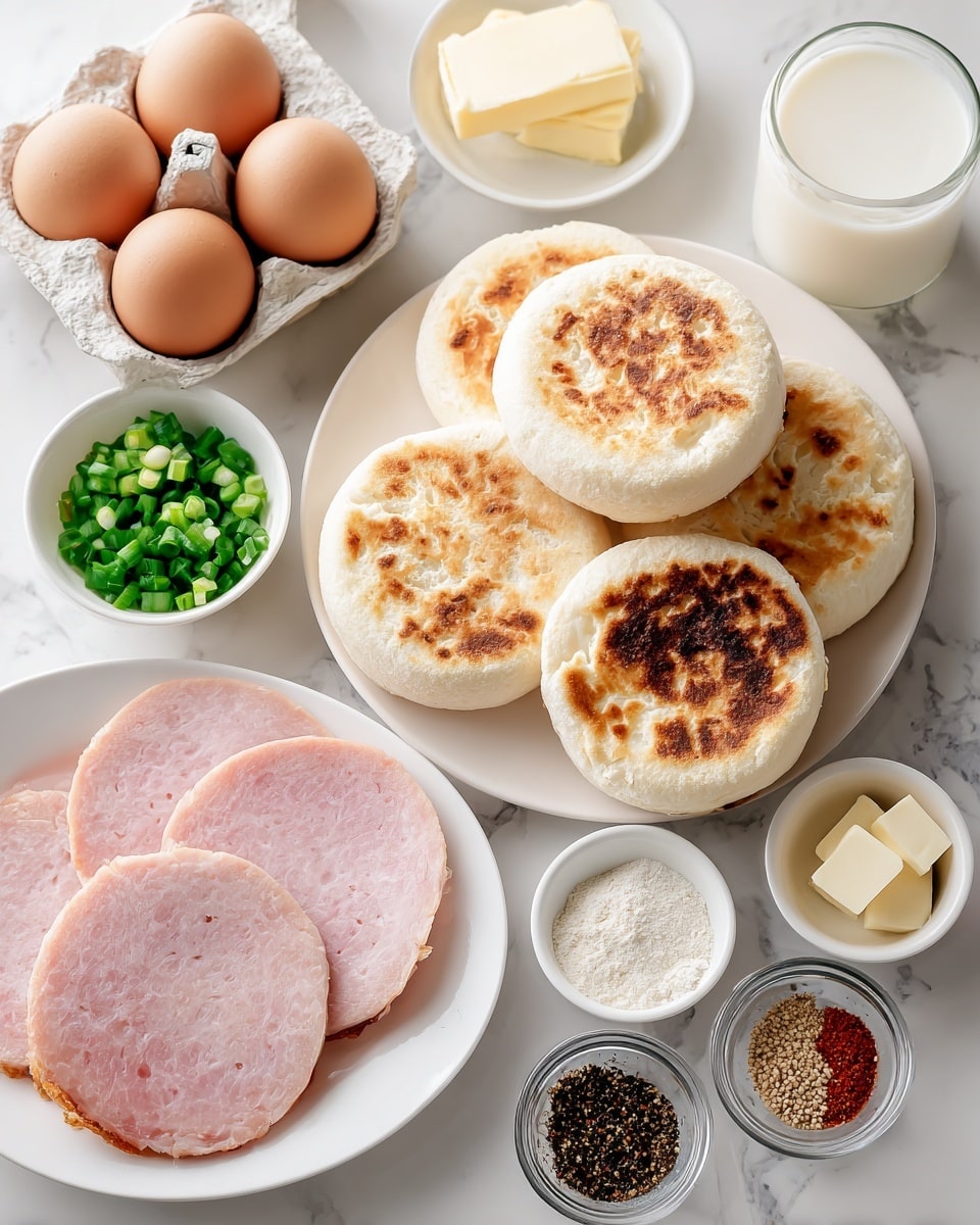 A top-down view of a white plate stacked with six toasted English muffins showing golden brown tops with a slightly rough texture, placed near a carton holding six brown eggs. Next to the muffins, there is a white plate with six thick slices of pink Canadian bacon or ham, each slice showing a slightly browned edge. Surrounding these are three small white bowls: one with chopped green spring onions, another with two rectangular pieces of pale yellow butter, and a third with three sections of spices — black, red, white, and beige powders. In the middle, there are two glass bowls, one filled with white milk and the other with creamy white heavy cream. All items are arranged on a white marbled surface. Photo taken with an iphone --ar 4:5 --v 7
