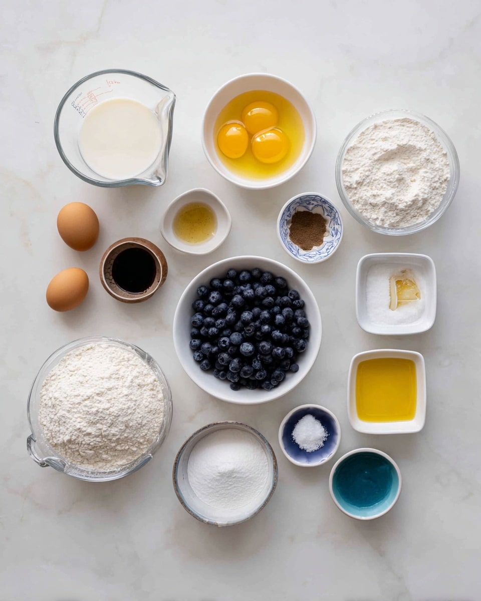 The image shows many small bowls and containers with different baking ingredients arranged neatly on a white marbled surface. Starting from the left, there is a small clear measuring cup with milk, a white bowl holding two separated yellow egg yolks, and a single whole egg nearby. Next to these is a small brown bowl with a dark powder, a clear bowl with melted butter, a white bowl with a pinch of salt, and a larger clear bowl filled with white flour. In the middle, a round white bowl is filled with fresh dark blueberries. Moving to the right, there are small colorful bowls with different powders and liquids: a small blue bowl with vanilla extract, a square white bowl with oil, another blue bowl with a white powder, two small white bowls containing salt and a yellow liquid, and a small glass covered bowl of white sugar. The ingredients are carefully spaced and neatly displayed on the smooth bright white marbled surface. Photo taken with an iphone --ar 4:5 --v 7