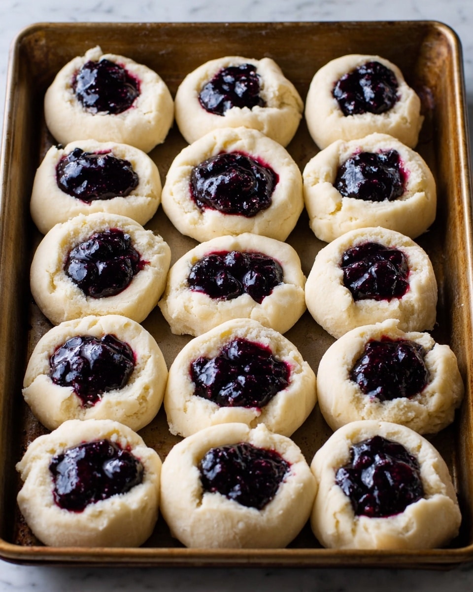 A baking tray filled with fourteen round cookies arranged in rows, each cookie has a light beige, rough-textured dough base with a hollow center filled with shiny, dark purple blueberry jam that looks thick and glossy. The cookies have a soft, slightly uneven surface showing a fresh, baked texture. The tray is placed on a white marbled surface. Photo taken with an iphone --ar 4:5 --v 7