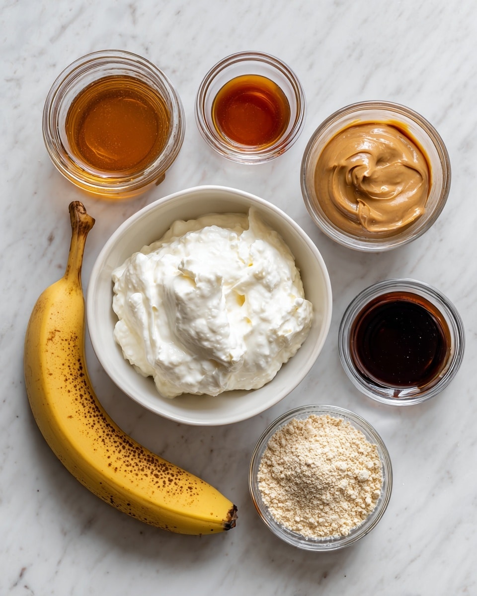 A white bowl filled with creamy white cottage cheese sits on a white marbled surface, accompanied by a curved yellow banana with some brown spots, a small glass bowl of smooth light brown peanut butter, a small glass bowl of dark amber maple syrup, a clear glass jar of ground cinnamon with a black lid, a small glass container of dark brown vanilla extract, and a small glass bowl with crumbled beige vanilla protein powder, all arranged neatly in a flat lay style, photo taken with an iphone --ar 4:5 --v 7