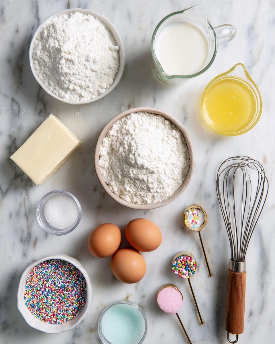 A flat lay of several baking ingredients on a white marbled texture, including a white bowl filled with white powdered sugar at the top left, a small rectangular piece of pale butter slightly to the right, a clear glass measuring cup with white milk on the top right, a small glass cup with yellow liquid below it, three brown eggs positioned near the bottom center, a wooden small bowl with white granulated sugar in the middle, a white bowl full of white flour in the upper middle, a small container of colorful round and sprinkle-shaped confetti with two gold spoons inside near the lower left, a tiny glass cup with clear liquid below the powdered sugar, and two small measuring spoons with white powder inside, one pink and one blue, stacked diagonally at the lower right, with a wooden and metal whisk lying horizontally at the top right; photo taken with an iphone --ar 4:5 --v 7