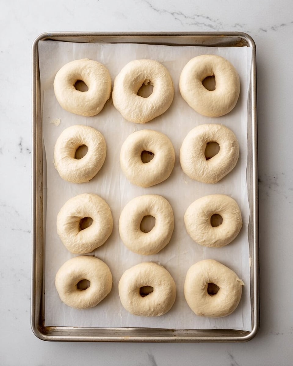 The image shows a metal baking tray covered with pieces of white parchment paper, each holding a round, pale dough bagel with a small hole in the center. There are twelve bagels arranged in four rows with three bagels each. The dough looks soft and slightly puffy, ready for baking. The tray is on a white marbled surface, adding a clean and simple background to the scene. Photo taken with an iphone --ar 4:5 --v 7