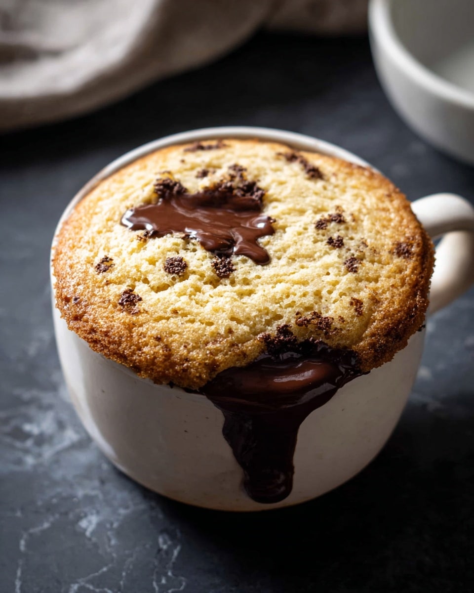 A white cup filled with a light brown, fluffy mug cake that has a porous texture on top. The mug cake is overflowing slightly, with dark chocolate melted and dripping down the side of the cup. The cup is set on a dark surface, with a white marbled texture visible in the background and a matching white bowl slightly blurred in the top part of the image. The photo taken with an iphone --ar 4:5 --v 7