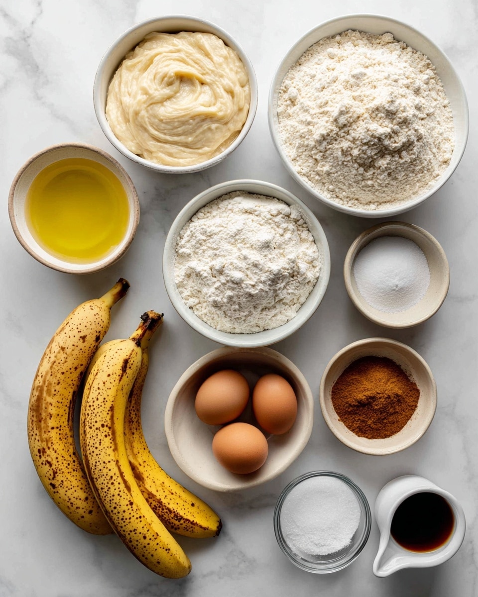 The image shows various baking ingredients neatly arranged on a white marbled surface. There are eleven containers of different sizes and shapes. Starting from the top left, a white bowl filled with creamy, light beige sourdough starter discard; next to it on the right, a white bowl filled to the top with fine, white all-purpose flour. Below the flour, a clear white bowl contains granulated white sugar. Two ripe yellow bananas with brown spots lie horizontally near the center. Below the bananas, a small white bowl holds melted light yellow coconut oil, and to its left, a small white bowl has golden honey. Above the honey, a beige bowl holds two brown eggs. In the center bottom, a small white bowl contains ground cinnamon with a warm brown color. To the right of cinnamon, a tiny white cup with a handle holds dark brown vanilla extract. Near the sugar bowl are three small clear bowls containing white kosher salt, white baking soda, and white baking powder. The overall look is clean, organized, and ready for baking. Photo taken with an iphone --ar 4:5 --v 7