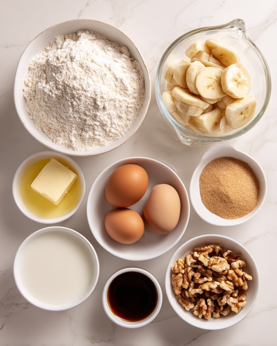 The image shows a white bowl at the top filled with a mix of white flour, baking powder, baking soda, cinnamon, and salt, with the cinnamon visible as a small brown pile on one side. Below and to the right is a clear glass measuring cup containing mashed bananas with a light beige, chunky texture. To the left of this cup is a small white bowl holding pale yellow melted butter. Below the melted butter is a small white bowl with two brown eggs resting side by side. To the right of the eggs is a white bowl full of light brown sugar, showing its grainy texture. Under the banana cup are two small white containers: one filled with white milk and the other with dark brown vanilla extract. At the bottom of the image, there is a white bowl filled with chopped walnuts, showing a rough, light brown texture. All the items are arranged on a white marbled surface with text labeling each ingredient around them. Photo taken with an iphone --ar 4:5 --v 7