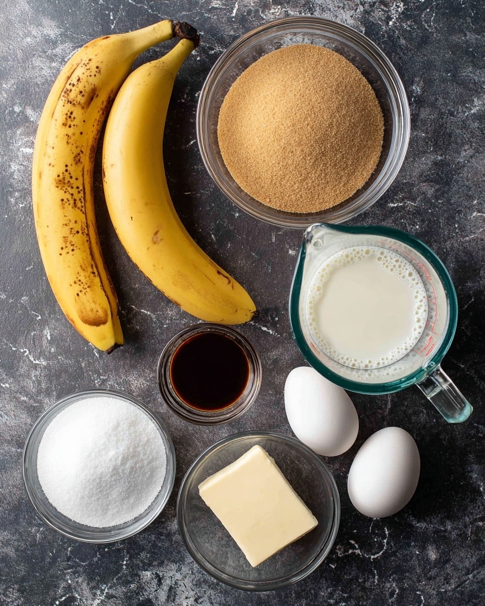 The image shows ingredients neatly arranged on a dark gray textured surface with a white marbled texture added. There are two ripe bananas with yellow peel and brown spots placed horizontally at the left side. Above them, there is a clear glass bowl filled with light brown sugar and next to it another clear bowl contains dark brown liquid. Below, a clear bowl is filled with white granulated sugar. At the bottom right, a small white block of salted sweet cream butter rests next to two white eggs. To the right of the eggs, there is a glass measuring cup filled with white milk, showing bubbles on the surface. photo taken with an iphone --ar 4:5 --v 7