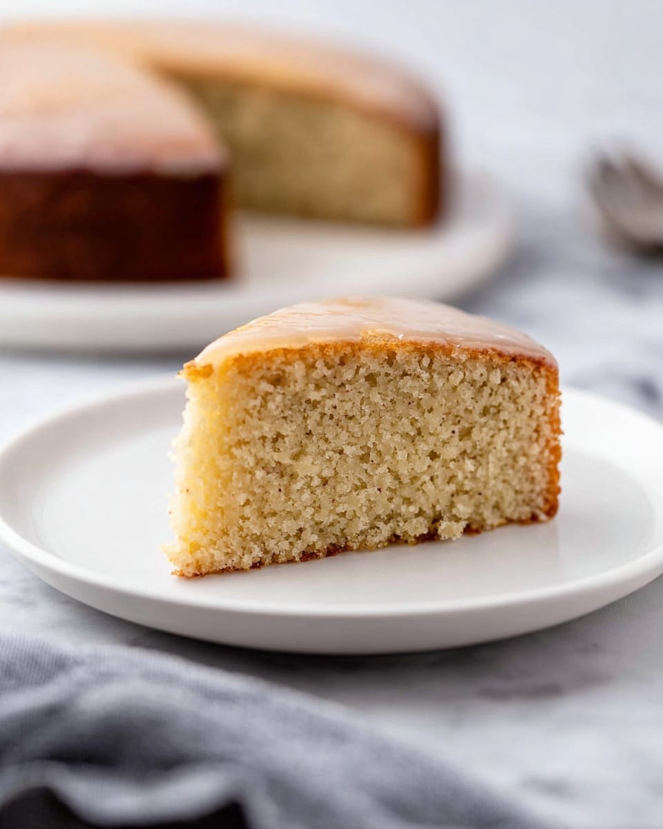 A single slice of light brown cake with a soft and slightly crumbly texture is placed on a white plate. The cake has one visible layer with a thin, smooth glaze covering the top, giving it a shiny appearance. In the background, a whole round cake of the same color sits on another white plate, slightly blurred. The scene is set on a white marbled surface with a soft focus on a grey cloth and utensils in the foreground. photo taken with an iphone --ar 4:5 --v 7