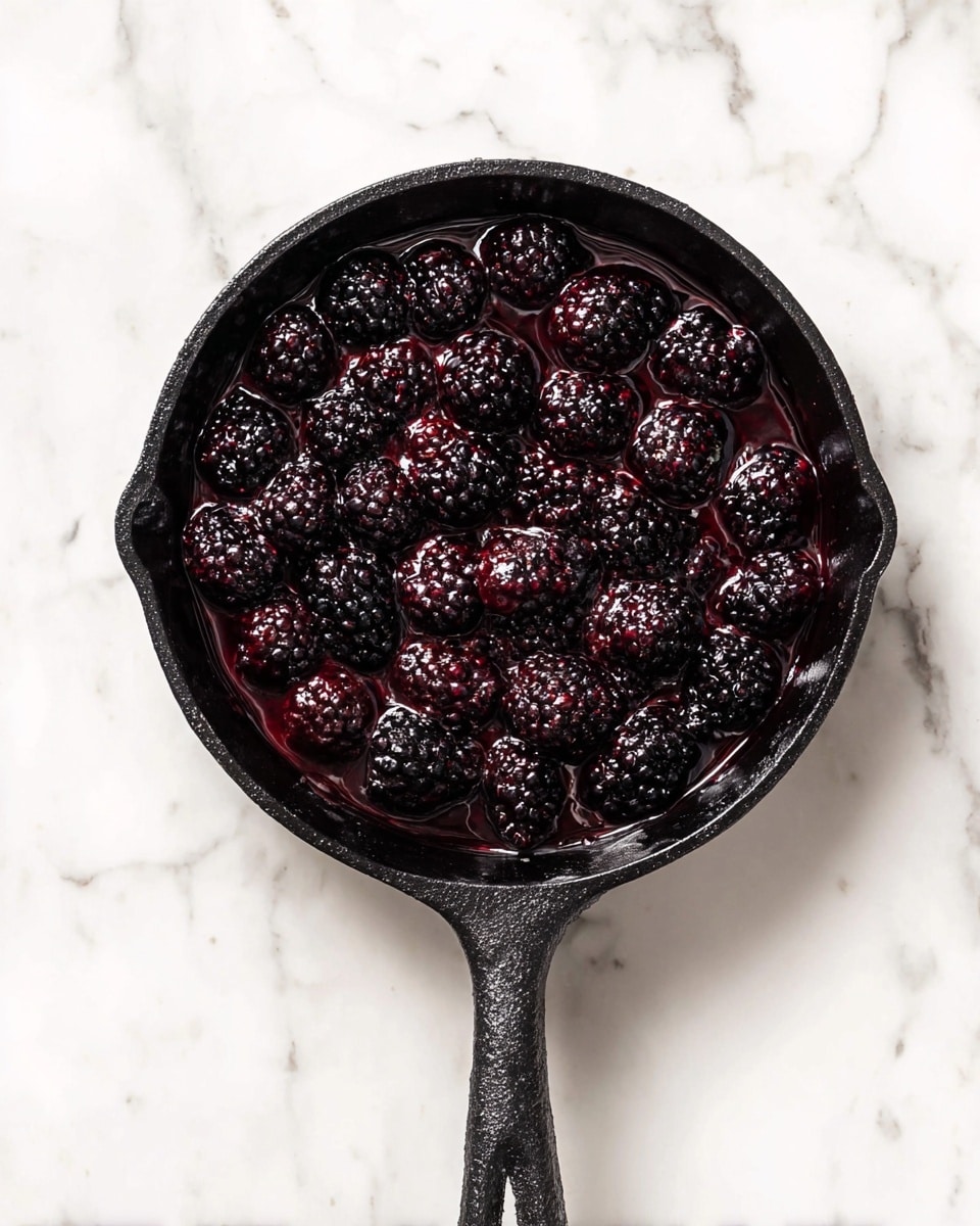 A black cast iron pan sits on a white marbled surface filled with a single layer of dark purple-black blackberries coated in shiny, dark red syrup that pools slightly around the berries, giving a glossy, wet texture. The pan handle extends downward from the center of the image. photo taken with an iphone --ar 4:5 --v 7