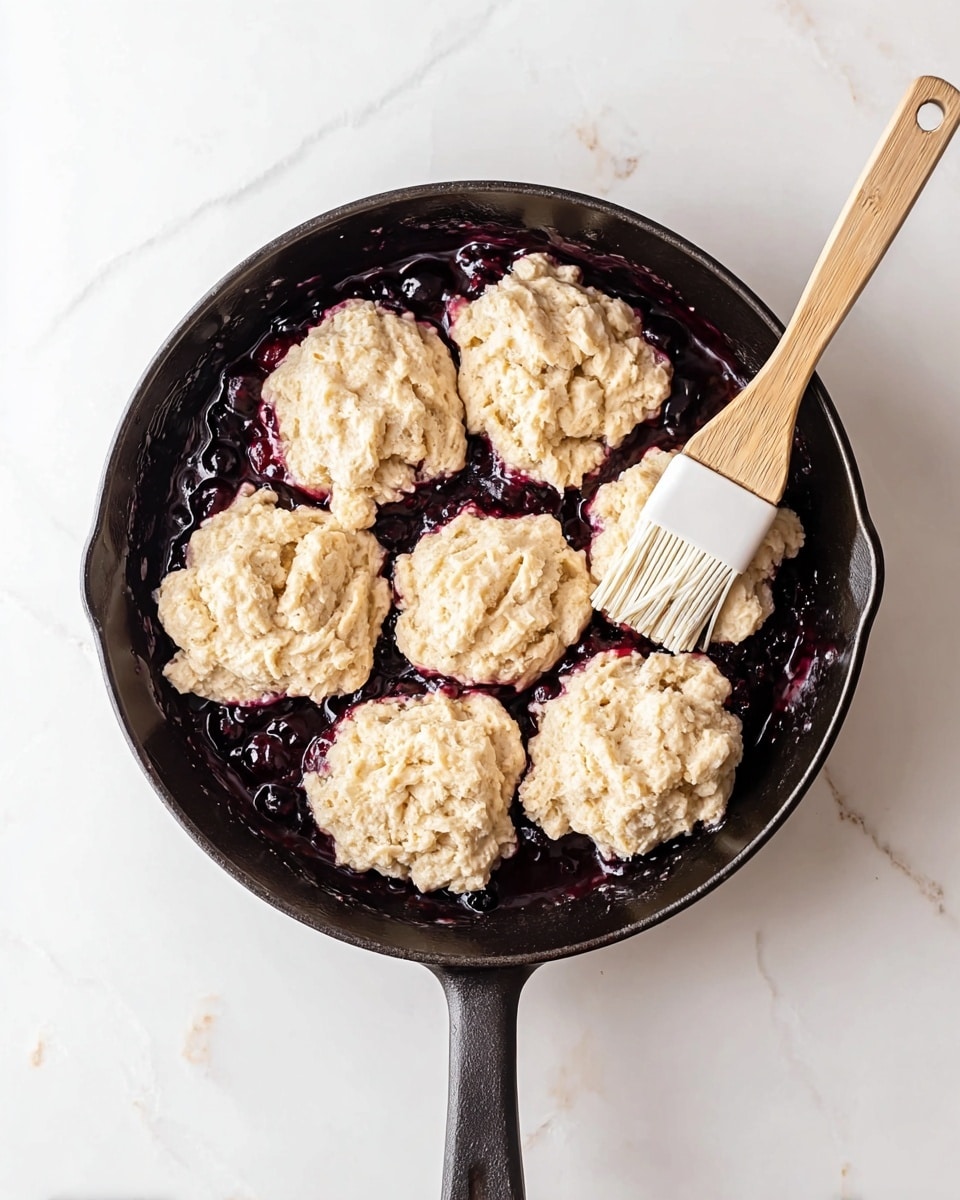 A black skillet contains a base layer of dark purple mixed berry sauce with visible whole berries, covering the bottom. On top, six uneven dollops of light beige biscuit dough with a rough texture are spread out, each showing small bumps and air pockets. A white silicone brush with a wooden handle lies on the right, partially touching one dollop. The skillet sits on a white marbled surface. photo taken with an iphone --ar 4:5 --v 7