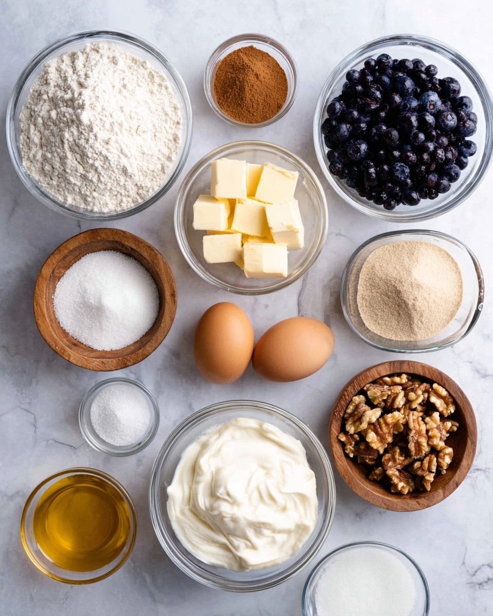 A white marbled surface holds multiple small clear glass bowls and two wooden bowls arranged neatly; one glass bowl contains white flour, another has cubed light yellow butter, a third holds white sugar, and a fourth is filled with light brown sugar. There's a bowl with fresh dark blue-black blueberries and another with walnut pieces. Two brown eggs are placed near a clear bowl of thick white cream, while a small glass bowl contains golden liquid. The two wooden bowls hold white salt and white powder, and a small glass bowl is filled with brown cinnamon. The items are spaced clearly with soft natural light illuminating each texture. Photo taken with an iphone --ar 4:5 --v 7
