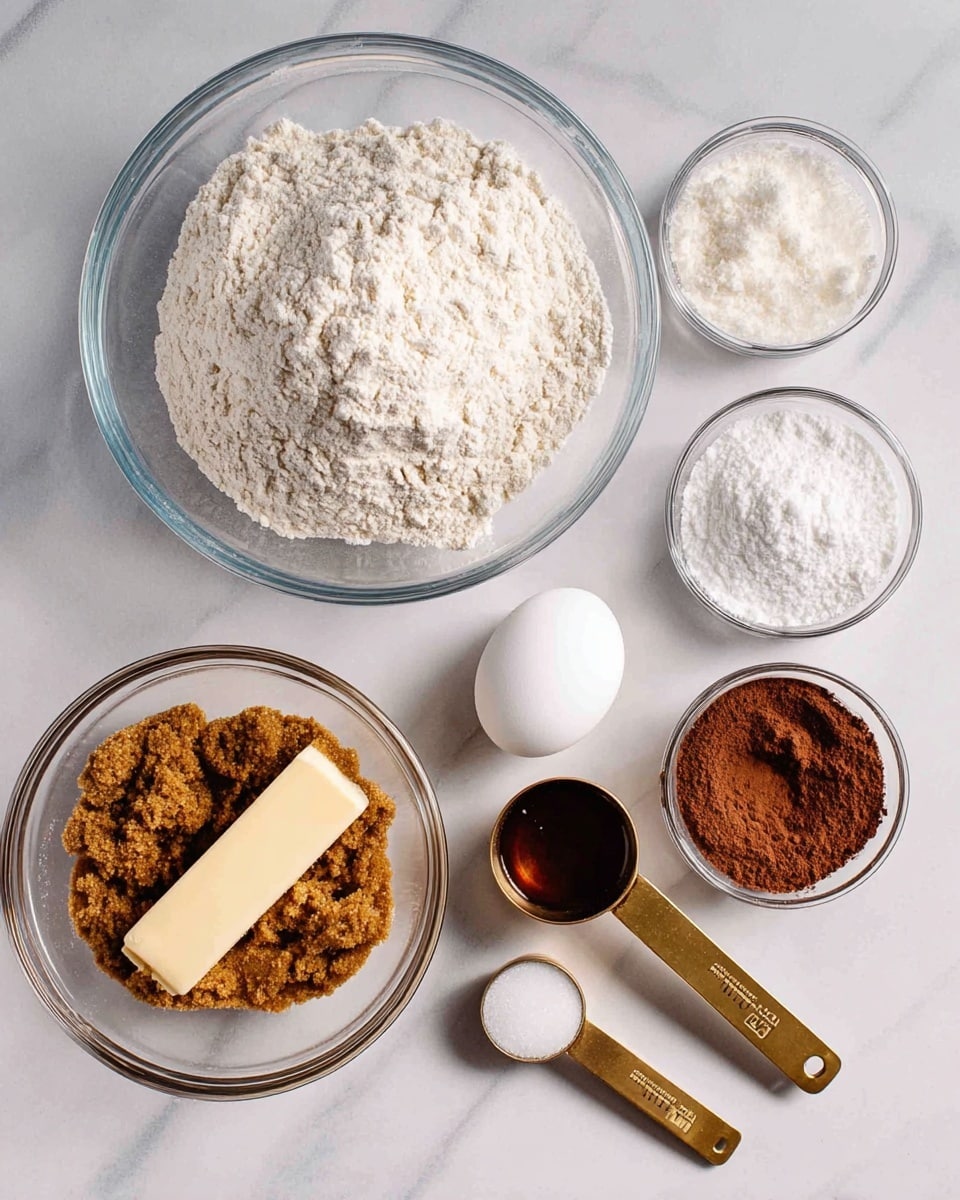 The image shows several clear glass bowls arranged on a white marbled surface. In the largest bowl at the bottom left, there is a layer of brown sugar, a stick of butter, and a white egg placed together. Above it to the left, a big bowl is filled with white flour. To the right of the flour bowl are smaller bowls, one with white powder (likely baking soda or baking powder), one with cocoa powder, and another one with a salt-like substance. Two golden measuring spoons hold a dark liquid and a white powder, positioned near the bowls. The setup looks clean and organized, ready for baking ingredients to be mixed. Photo taken with an iphone --ar 4:5 --v 7