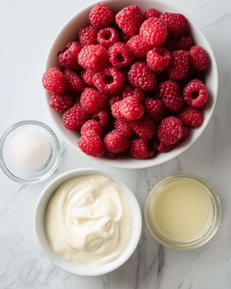 A white bowl filled with bright red raspberries fills the top right of the image, showing their bumpy and juicy texture. To the left, a white bowl holds smooth, thick heavy cream with a creamy white color. Below these bowls, there are three small clear glass containers; from left to right, they contain a pile of fine white sugar, a mixture of unflavored gelatin and water that is almost clear with a slightly cloudy look, and a small amount of pale yellow lemon juice on the far right. All items sit neatly on a clean white marbled surface, creating a bright and fresh look, photo taken with an iphone --ar 4:5 --v 7