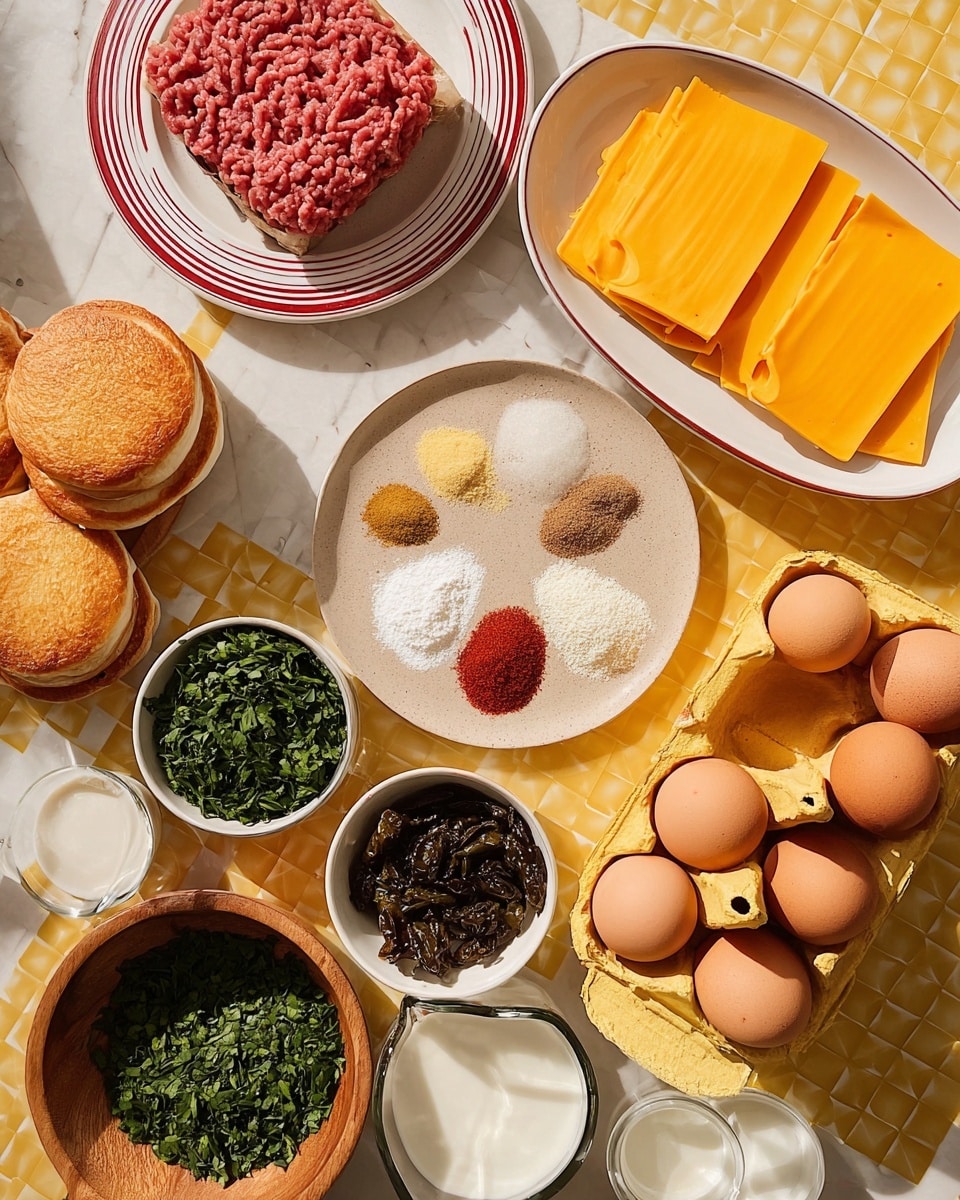 The image shows a top view of cooking ingredients laid out on a white marbled surface with yellow grid lines. In the top left is a white plate with red stripes holding pink ground meat. Nearby are two toasted English muffins stacked on top of each other. To the top right, there is a white oval plate with several slices of bright orange cheese arranged neatly. In the center, a small beige plate holds five piles of different spices, including white, red, and green powders. Below it, a round wooden bowl is filled with chopped green herbs. Next to the herbs is a white bowl containing dark brown dried chili peppers. A yellow carton holding ten brown eggs is placed vertically in the middle right of the frame. Small white bowls around the eggs contain more spices, milk in a glass measuring jug, and some pepper. The lighting is bright and natural, with everything clear and colorful. Photo taken with an iphone --ar 4:5 --v 7