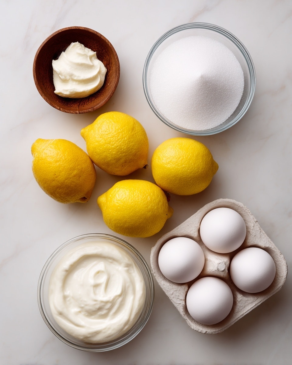 The image shows five ingredients placed neatly on a white marbled surface. At the top right is a clear glass bowl filled with white sugar, while at the top left there is a small wooden bowl holding a small amount of cream of tartar. Below the sugar is a white bowl containing three bright yellow lemons. At the bottom left is a clear bowl filled with smooth, white heavy whipping cream, and to the bottom right is a white egg tray holding five white eggs. Each ingredient is well spaced and clearly visible. photo taken with an iphone --ar 4:5 --v 7
