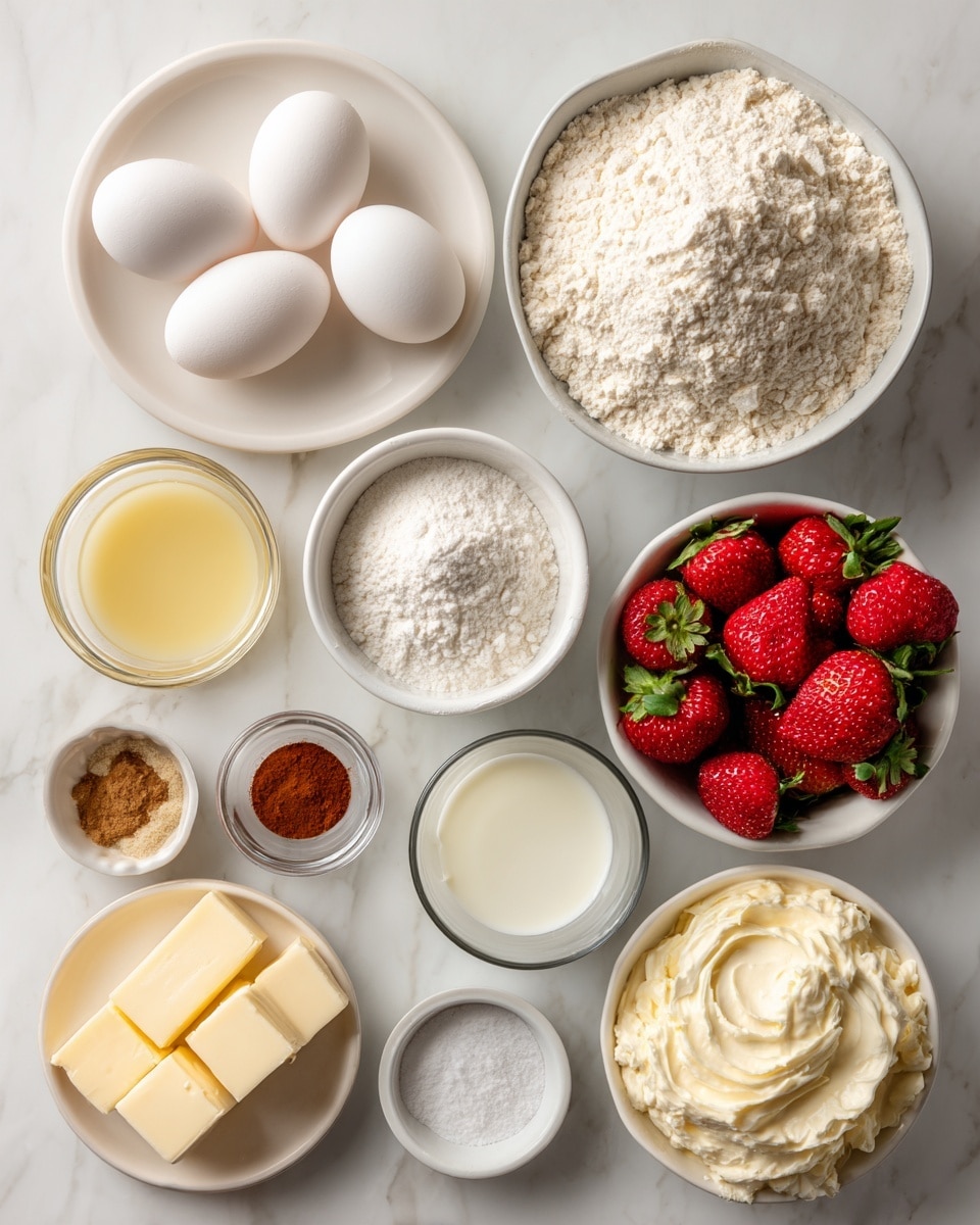 A top-down view of multiple white bowls and a small glass filled with various baking ingredients arranged on a white marbled surface. The largest bowl, placed near the top right, holds a heap of white all-purpose flour. To its left, a white plate contains two large white eggs. Below the flour bowl, a white bowl is filled with fine white sugar, and next to it on the right, a white bowl is full of bright red strawberries with green leaves. Near the bottom right, a white bowl contains smooth cream cheese. In the center, a small glass holds light-colored milk and next to it is a smaller glass with lemon juice. Several small white bowls contain cinnamon powder, instant yeast, kosher salt, cornstarch, powdered sugar, and unsalted butter. A small white bowl at the bottom left holds pale butter sticks, and a tiny white bowl near the bottom has clear water. Each ingredient is distinctly visible with its own texture and color, neatly spaced over the white marbled background. Photo taken with an iphone --ar 4:5 --v 7