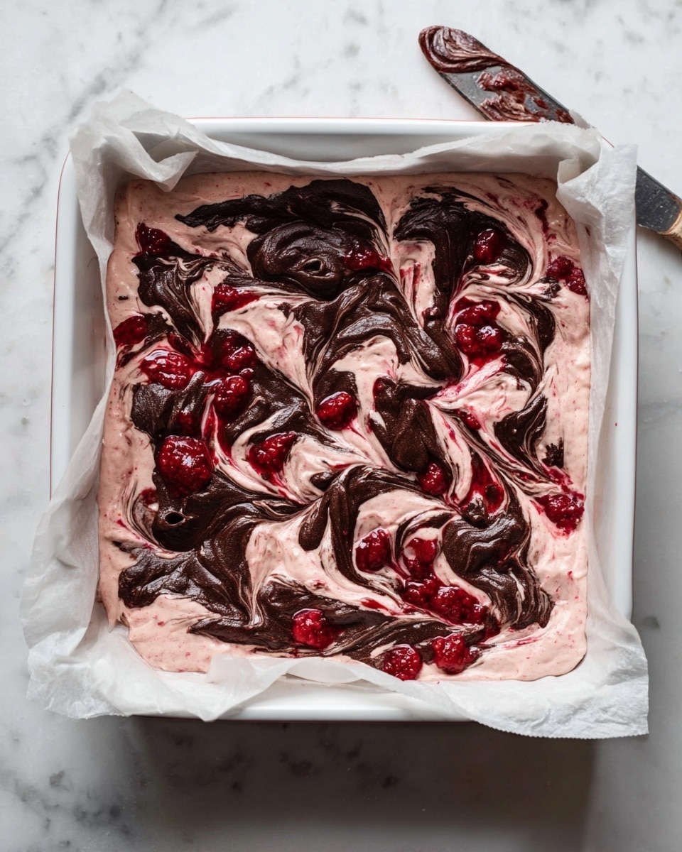 A white square baking dish is lined with white parchment paper holding a dessert mixture with three visible layers swirled together. The base layer appears creamy light pink, topped but blended with thick dark chocolate swirls that create textured waves across the surface. Bright red raspberry sauce is dotted and mixed unevenly throughout, adding vibrant red streaks on top of the pink and dark chocolate. The dessert looks rich and soft, ready to bake with a spreading knife with some of the same mixture on it placed beside the dish on a white marbled surface. photo taken with an iphone --ar 4:5 --v 7