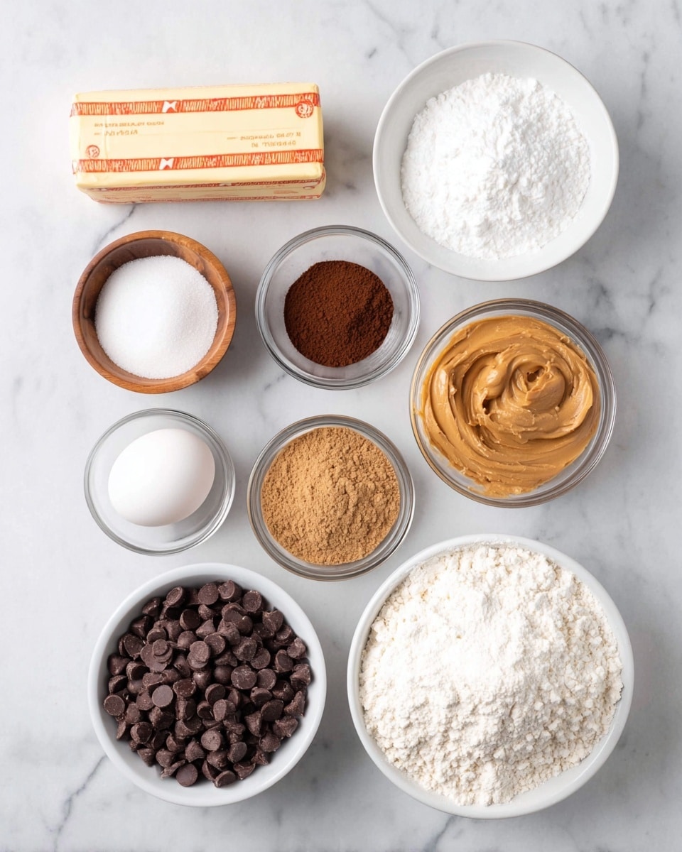 The image shows nine separate white bowls and one butter stick arranged neatly on a white marbled surface. In the top center, there is a stick of butter wrapped in paper with measurement markings in red. To the top left is a white egg sitting in a small white bowl. Below the egg is a small wooden bowl holding white powder. Next to it is a clear bowl filled with light brown sugar, and next to the sugar is a small white bowl with creamy peanut butter. Above the peanut butter is another clear bowl with dark brown cocoa powder. On the right side, a white bowl is filled with fine white powdered sugar above a clear bowl of white granulated sugar. At the bottom right, a white bowl holds white flour with a slightly coarse texture. Lastly, at the bottom left, there is a white bowl filled with dark brown chocolate chips. All ingredients are organized in a clean and simple style. photo taken with an iphone --ar 4:5 --v 7
