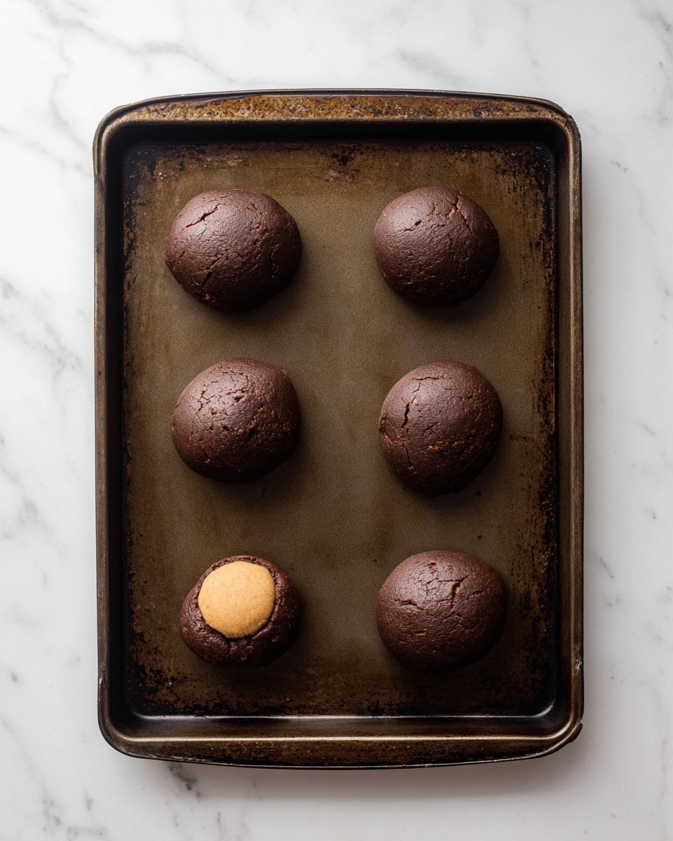 The image shows a dark brown, old-style baking tray with six round, chocolate cookie dough balls placed on it in two columns of three. The dough balls are smooth with slight cracks on the surface, except the bottom right one which is flattened and has a small, light beige round dough ball placed on top in the center. The tray is set on a white marbled surface. photo taken with an iphone --ar 4:5 --v 7