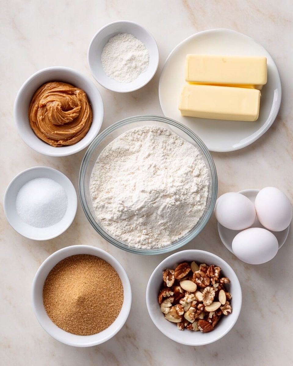 The image shows eight small white bowls and plates arranged on a white marbled surface, each holding different ingredients for baking. In the center, a large clear glass bowl is filled with a white powdery substance that looks like flour. To the top left, a white bowl holds a swirled light brown paste, while to the top right, a white plate contains two yellow butter sticks side by side. Three white eggs rest near the middle, with two small white bowls beside them, one holding coarse white salt and the other a fine white powder, likely baking soda. At the bottom, one white bowl is filled with light brown sugar, and another smaller white bowl to the right contains a mix of sliced almonds and other nuts. Photo taken with an iphone --ar 4:5 --v 7