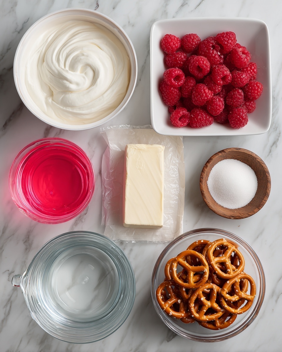 The image shows ingredients on a white marbled surface, each in its own container with labels. In the top left is a round white tub of Cool Whip with a blue label. To the right, a square white bowl is filled with bright red raspberries. Below the raspberries, there is a round clear glass bowl of white sugar. Next to the sugar is a small white bowl holding white corn starch. Below the Cool Whip is a block of cream cheese in white wrapping. To the lower left, there is a stick of butter with a pale yellow wrapper. Near the butter, a red box of raspberry Jell-o is clearly visible. To the right of the Jell-o, a clear glass measuring cup holds small pretzels, and next to it is another clear glass measuring cup filled with water. The overall setup is clean and organized with a white marbled background photo taken with an iphone --ar 4:5 --v 7