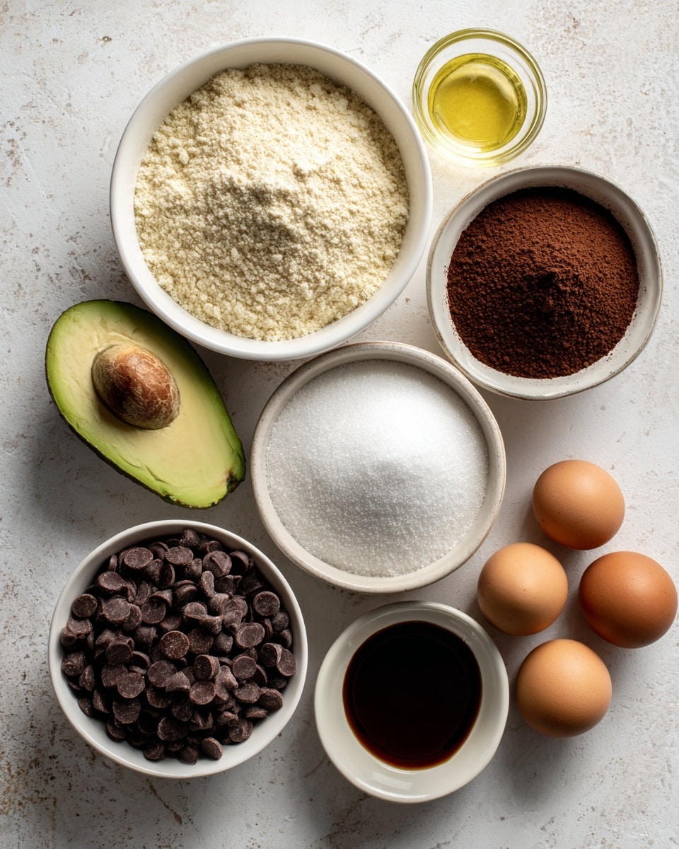 The image shows a top view of several white bowls and glass containers placed on a white marbled surface. The largest white bowl holds a mix of almond flour, espresso powder, baking powder, and salt, visibly layered with light beige almond flour and small brown espresso powder on one side. Below it, there is a medium white bowl filled with white sugar granules. Next to the sugar bowl, a half avocado with its brown seed is placed directly on the surface. To the right, a small white bowl contains fine cocoa powder, and above it, a clear glass cup holds a light yellow oil. Below the cocoa powder, a tiny glass cup filled with dark brown vanilla extract is visible. At the bottom, a medium white bowl is loaded with dark brown chocolate chips. To the right of the chocolate chips, a small white bowl holds three brown eggs. The setup is neat, with labels naming each ingredient around their containers. Photo taken with an iphone --ar 4:5 --v 7