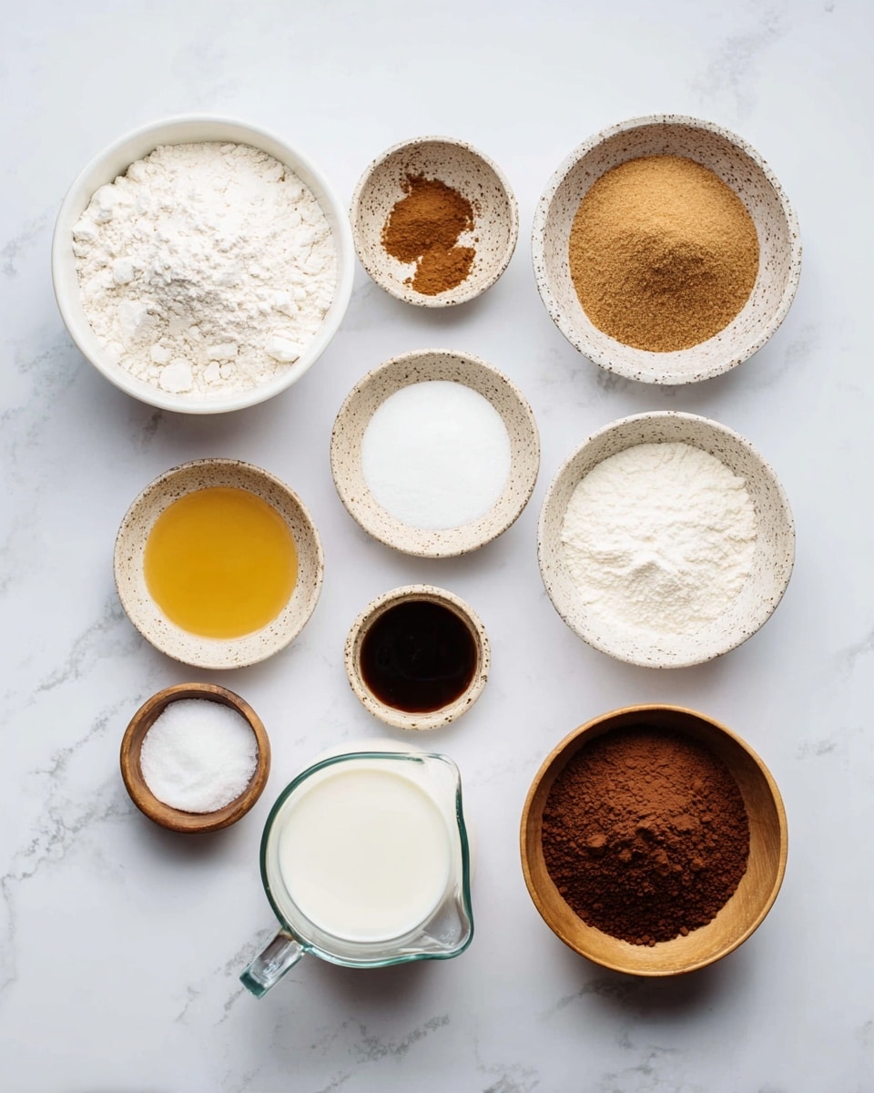 The image shows ten bowls and a glass jug arranged neatly on a white marbled surface, each filled with different baking ingredients. The top row has a large white bowl of white flour on the left, next to a small white bowl with cinnamon powder, a speckled white bowl filled with light brown sugar, and another speckled white bowl with white granulated sugar. Below, from left to right, there is a speckled white bowl holding melted butter, a small wooden bowl with salt, a small white bowl with baking powder, and a small white dish containing dark vanilla extract. At the bottom center, a glass measuring jug holds white milk, a wooden bowl on the right is filled with cocoa powder, and on the far right a clear glass measuring jug contains water. Photo taken with an iphone --ar 4:5 --v 7