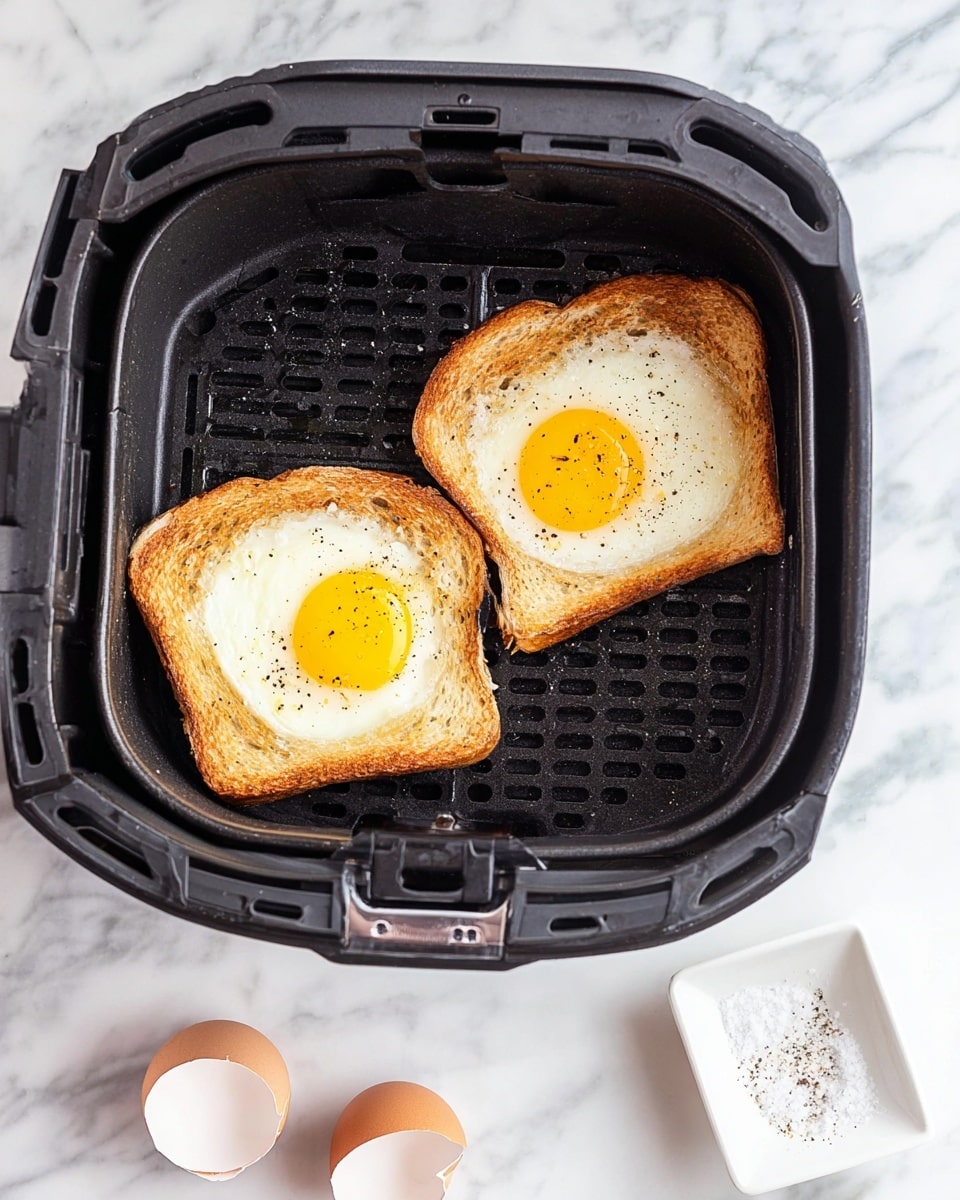 Two slices of bread lie flat inside a black air fryer basket on a white marbled surface. Each slice has an egg cracked in the center, with the bright yellow yolks perfectly round and surrounded by the clear egg whites spreading slightly into the cuts in the bread. The eggs appear seasoned with a sprinkle of black pepper on top. Nearby, two empty white eggshell halves rest on the white marbled surface, along with a small white square dish holding salt and pepper. The scene is bright and clean, showing a simple, fresh breakfast preparation photo taken with an iphone --ar 4:5 --v 7