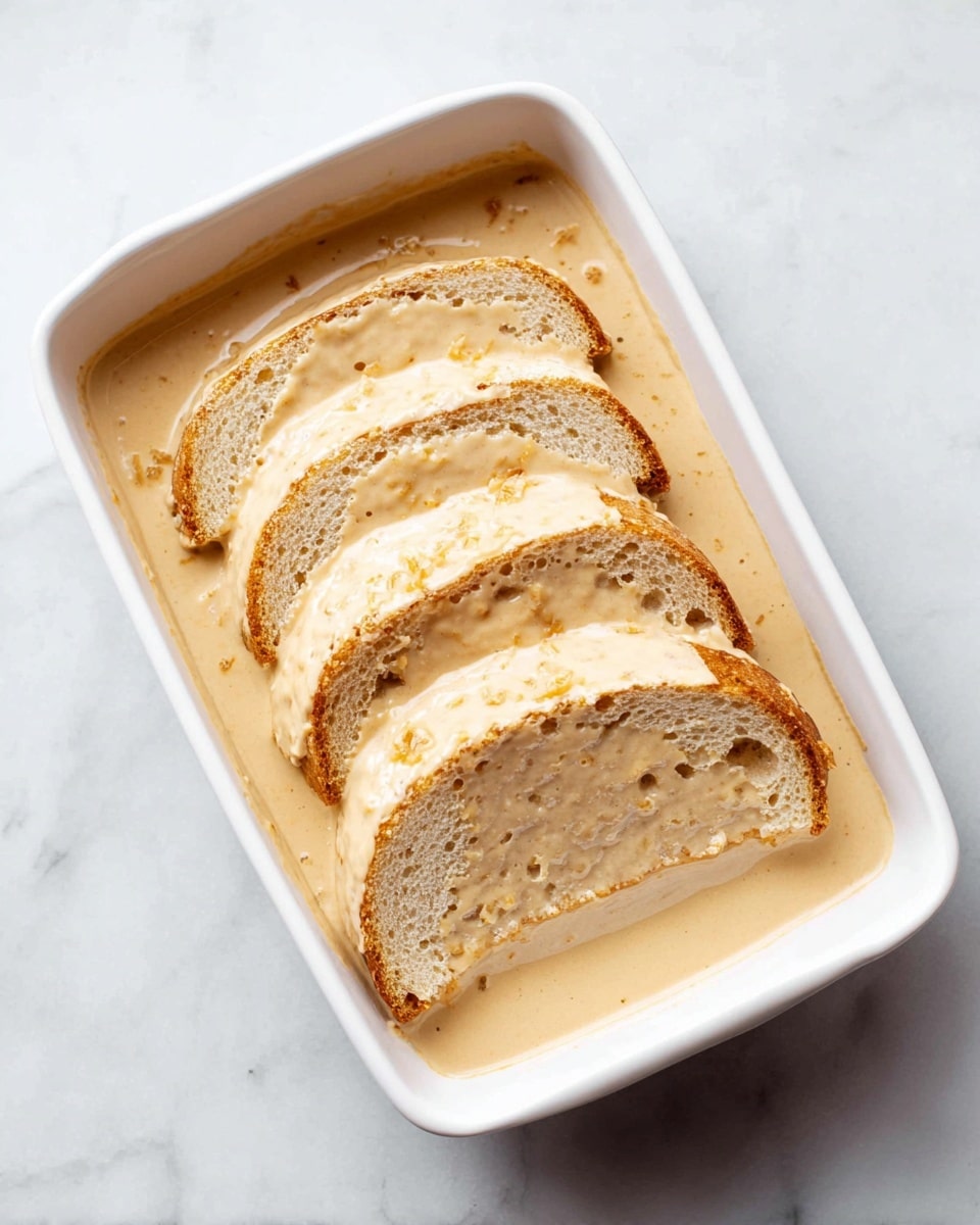 A white rectangular dish holds four thick slices of bread, each soaked in a creamy, light tan sauce that looks smooth and slightly thick. The slices are arranged in a row, leaning against each other on their side, fully covered by the sauce that pools around them in the dish. The bread texture shows small holes and a soft crumb, with the sauce coating every surface and giving a shiny, smooth look. The dish is placed on a white marbled surface. photo taken with an iphone --ar 4:5 --v 7