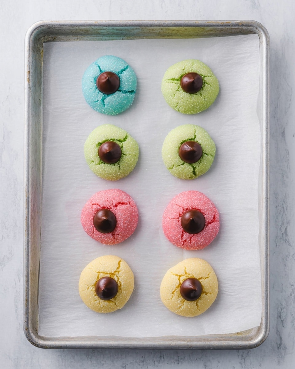 The image shows eight colorful cookies placed on white baking paper which is on a metal baking sheet. The cookies are arranged in four rows and two columns. Each cookie is rounded with a slightly cracked surface and covered in sugar crystals, showing colors like light blue, green, pink, and yellow. Four cookies have a smooth, round chocolate piece pressed into their center, while the others do not have anything on top. The white marbled texture is faintly visible around the baking sheet. photo taken with an iphone --ar 4:5 --v 7