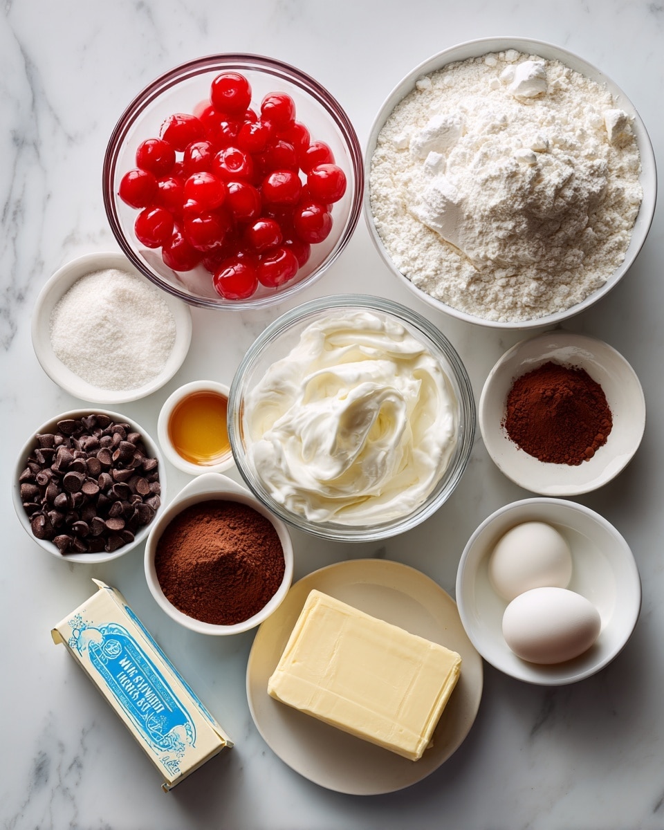 Clear glass bowls and small white dishes are arranged on a white marbled surface, holding various baking ingredients. The largest bowl holds bright red maraschino cherries, next to a medium bowl with white heavy whipping cream. Another large bowl contains white flour, and smaller bowls hold dark chocolate chips, white sugar, cocoa powder with a light brown color and powdery texture, and white milk. A small white dish contains a pale yellow butter piece. Beside these, there is a stick of butter in blue and white packaging, a white egg, a small white dish with salt, and a small bowl with amber-colored vanilla extract. All items are arranged neatly with clear labels. Photo taken with an iphone --ar 4:5 --v 7