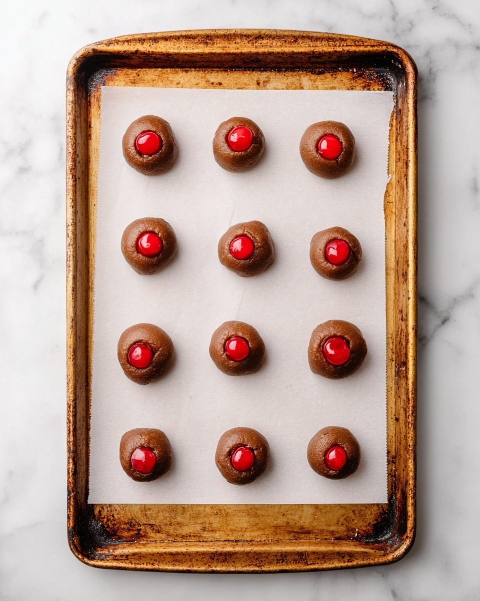 A baking tray with a worn, golden-brown edge holds eight evenly spaced small dark brown dough balls on a sheet of white parchment paper. Each dough ball has a smooth texture and a shiny, bright red cherry pressed into the center. The tray sits on a white marbled surface that adds a clean contrast to the rich colors of the dough and cherries. The composition is neat and simple, showing the dough balls ready for baking. photo taken with an iphone --ar 4:5 --v 7