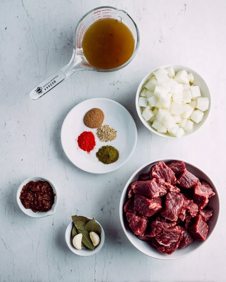 The image shows six white containers on a white marbled surface holding the ingredients for a recipe. The largest bowl at the bottom right contains dark red chunks of raw meat. Above it, a small white plate holds three groups of spices: bright red, green, and light brown powders. To the left of the spices, a measuring cup with a handle contains a light brown liquid. At the top center, a white bowl is filled with white, cubed pieces, likely onion. Below that, a small white bowl holds three cloves of garlic and two bay leaves. Lastly, near the bottom left, a tiny white bowl contains a dark reddish porridge-like paste. Photo taken with an iphone --ar 4:5 --v 7