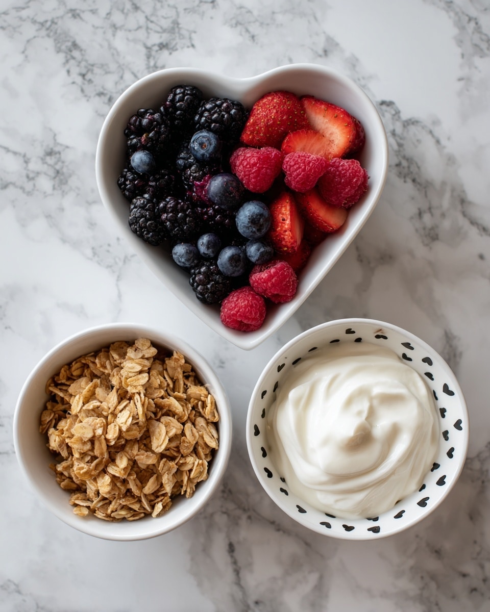 The image shows three small white bowls arranged in a triangle on a white marbled surface. The top bowl is filled with mixed berries including red raspberries, black blackberries, dark blueberries, and small pieces of red strawberries, creating a colorful mix of red, black, and blue hues. The bottom left bowl holds golden-brown granola with a crunchy texture and some visible oat flakes and nuts. The bottom right bowl contains smooth, thick vanilla Greek yogurt, white in color with a creamy texture, in a bowl decorated with small black heart patterns along the inner rim. Photo taken with an iphone --ar 4:5 --v 7
