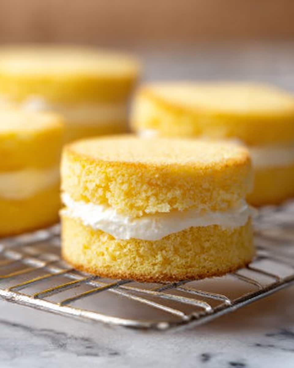 The image shows a close-up of small round yellow sponge cake pieces with a layer of white cream in the middle. Each cake has two light golden-yellow layers with a soft texture and the smooth cream sandwiched evenly between them. The cakes are placed on a metal cooling rack, with a white marbled surface below. The focus is on the front cake, with a few more blurred in the background. The light is soft and natural, showing the delicate texture of the cake and cream. Photo taken with an iphone --ar 4:5 --v 7