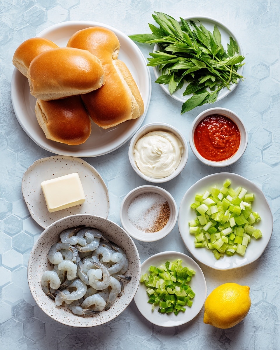 The image shows several small white bowls and plates arranged on a light blue surface with a hexagon pattern. There is a white plate filled with four shiny, golden brown brioche hot dog buns in the top left. At the bottom center, a speckled white bowl holds many raw shrimp with a light gray and white color. To the left of the shrimp bowl is a small white square of butter. Above the shrimp bowl, there is a small white bowl with creamy white mayonnaise. To the right of this bowl, two small white bowls contain bright red-orange Tabasco sauce and fine salt. On the right side, two small white plates hold chopped light green celery and chopped green onion pieces. Near the top right, a white plate with fresh green tarragon leaves rests. At the bottom right corner, a bright yellow lemon sits on the surface. The entire arrangement is neat and clean, with a white marbled texture background. photo taken with an iphone --ar 4:5 --v 7