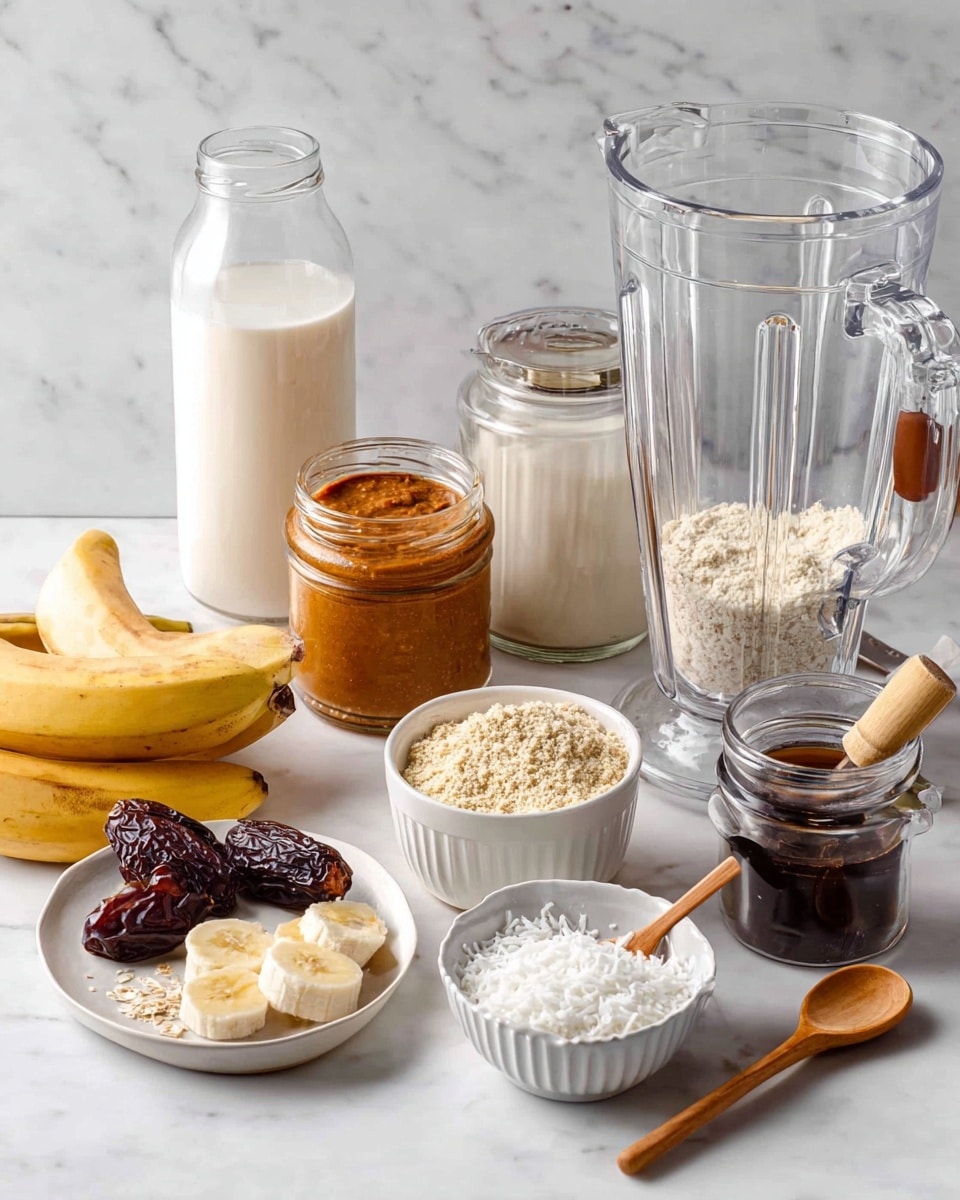 The image shows various ingredients on a white marbled surface ready to make a dish. There is a large clear blender with a wooden handle on the right side. In front of it are small white bowls, one filled with white shredded coconut, another with a light beige crumbly texture and a wooden spoon. A clear glass jar with dark powder and a small jar of dark syrup are beside the blender. Near the front left corner, a white plate holds two peeled bananas, a large dark date, and a dollop of white yogurt. A jar of orange-brown paste with a light-colored spoon is at the back left, and a glass bottle filled with milk is also in the background. The setup is neat and bright, all on a white marbled surface with a white marbled wall in the background. photo taken with an iphone --ar 4:5 --v 7