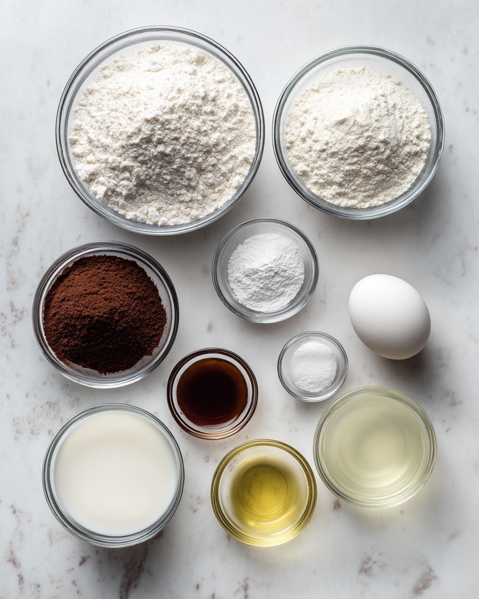 The image shows nine clear glass bowls and one white egg arranged on a white marbled surface. At the top center is a bowl with white flour, to its right a bowl filled with fine white sugar. To the left, a bowl contains dark brown cocoa powder. Below the cocoa powder, a bowl holds light yellow oil. In the middle right, one small bowl has white baking soda, baking powder, and salt mixed together. Below this small bowl, a medium one contains white milk. In the center, a small bowl has dark amber vanilla extract. At the bottom right, a medium bowl has clear warm water. A single white egg sits near the bottom left, completing the ingredient layout. Photo taken with an iphone --ar 4:5 --v 7