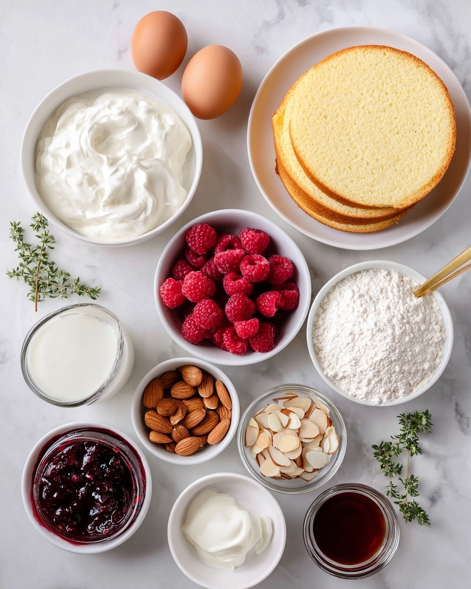 The image shows ingredients laid out on a white marbled surface arranged neatly in white bowls and plates. There are two round yellow cake layers on a white plate, a bowl with four brown eggs, and another bowl full of bright red raspberries. Nearby, a bowl holds smooth and creamy white whipped cream. There are small bowls with sliced almonds, a dark red berry jam with a gold spoon, white flour, and some brown and dark amber liquids in small white bowls. A clear glass holds white milk, and small green sprigs decorate the corners lightly. The scene is clean and bright, showing all ingredients clearly. Photo taken with an iphone --ar 4:5 --v 7