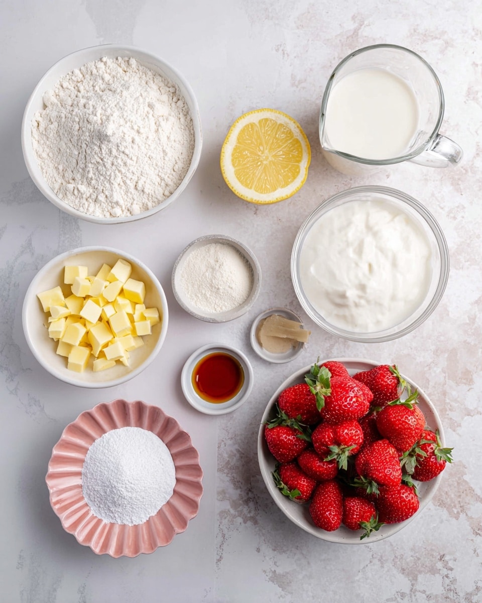 The image shows several ingredients arranged on a white marbled surface. There is a white bowl filled with white flour on the bottom left and a white bowl of small diced yellow butter next to it. Above these, a clear glass jug holds cream, and to the right, a small glass bowl is filled with thick white cream or yogurt. On the far right, a white bowl is full of whole bright red strawberries with green tops. Below the strawberries, there is a halved lemon with its yellow inside facing up. Near the bottom center, a small fluted pink dish holds a white powder, and under that, a few small bowls hold white powder ingredients along with a tiny white dish of vanilla extract with a dark amber color. The arrangement is neat and well spaced. Photo taken with an iphone --ar 4:5 --v 7