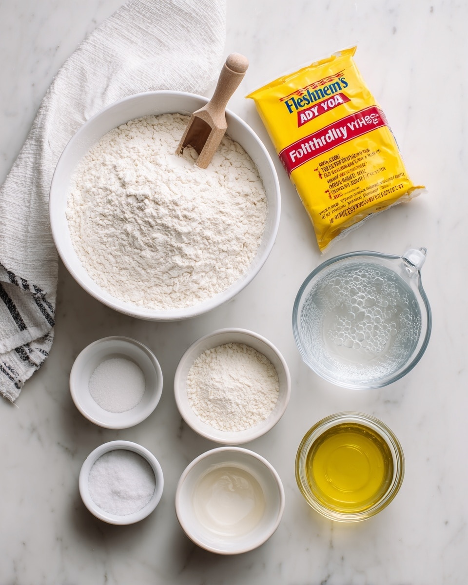 The image shows several baking ingredients arranged on a white marbled surface. On the left, there is a large white bowl filled with white flour and a small wooden scoop resting inside it. Near the bowl, there is a yellow and red packet labeled
