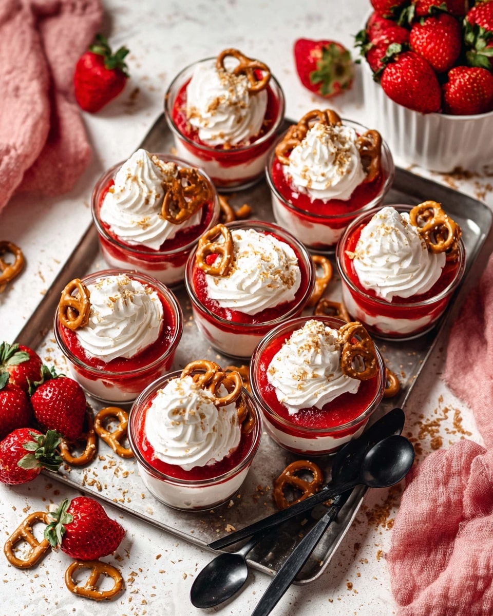 The image shows nine clear round cups filled with a three-layer dessert arranged on a metal tray. The bottom layer is a white creamy base, topped with a bright red strawberry sauce as the middle layer. On top is a swirl of white whipped cream, sprinkled with small pieces of broken pretzels and whole mini pretzels placed on each cup. Around the tray, fresh bright red strawberries and pretzel pieces are scattered on a white marbled surface. Two black spoons rest near the bottom right on the tray, and a pink cloth is partially visible on the bottom left. There is also a white container filled with fresh strawberries on the right side. Photo taken with an iphone --ar 4:5 --v 7